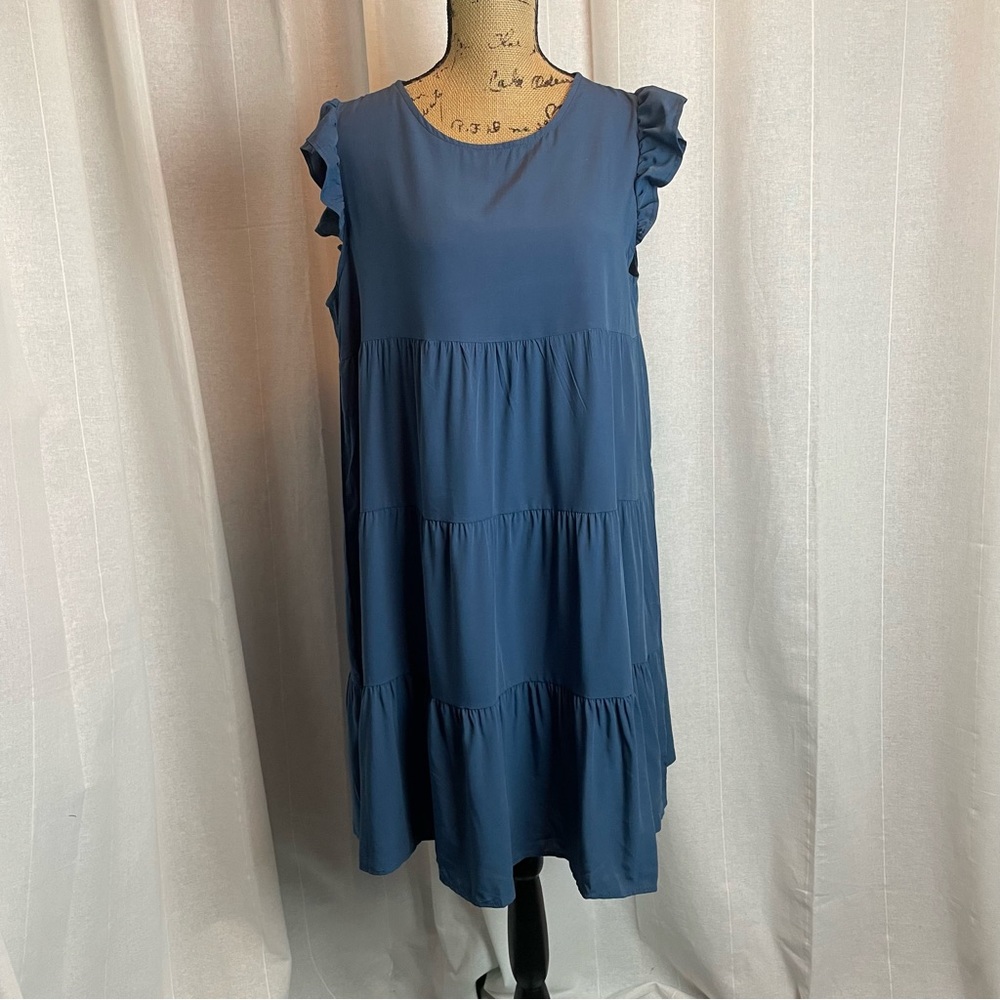 NWT Kirundo Mini Babydoll Tiered Ruffle Short Sleeve Flowy Dress Sz M Blue NEW